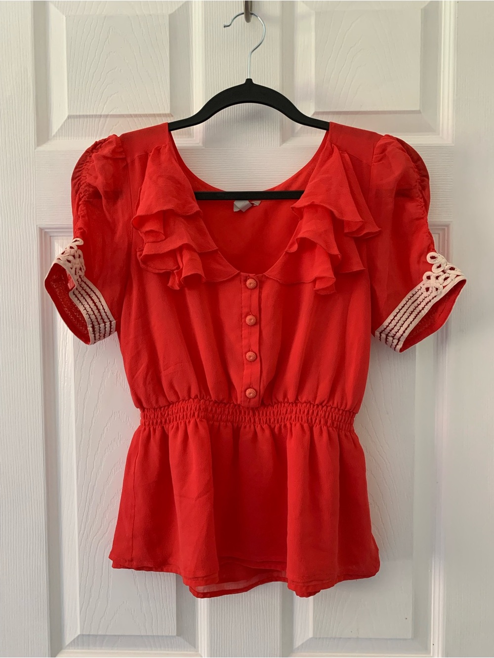 Odille Red Ruffled Button-Front Peplum Blouse